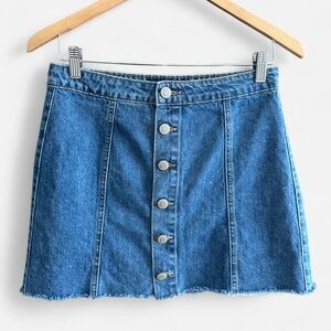 Aero High Rise Front Button Raw Hem Classic Blue Denim Mini Skirt